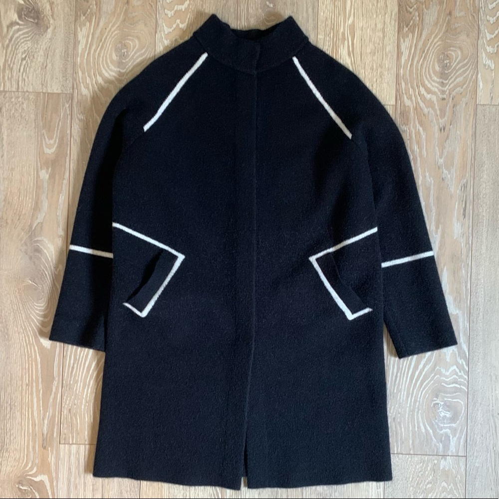 Black Wool-Blend Coat with White Trim
